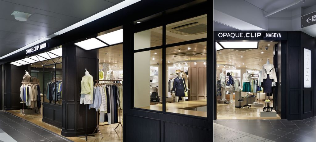 総合ファッションサービスグループ、ワールドグループのファッションブランド「OPAQUE.CLIP（オペークドットクリップ）」が展開する店舗、オペークドットクリップJR名古屋タカシマヤ店の店舗デザイン、内装、VMD