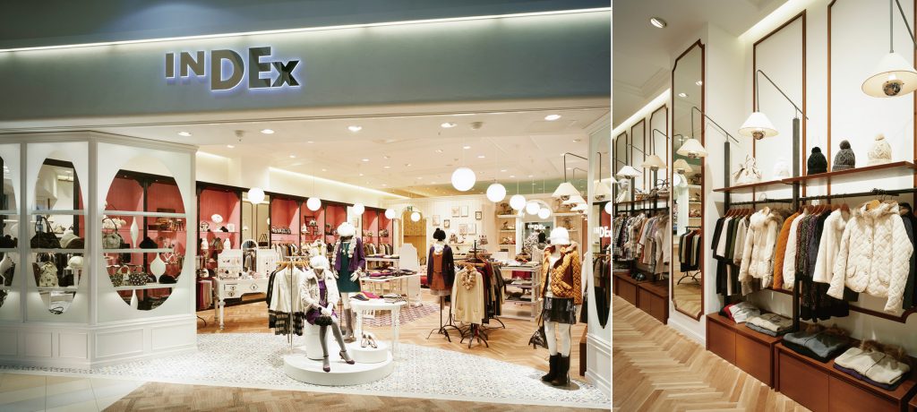 総合ファッションサービスグループ、ワールドグループのファッションブランド「INDEX（インデックス）」が展開する店舗、インデックス西宮阪急店の店舗デザイン、外観、VMD