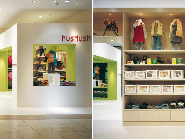 総合ファッショングループ、ワールドグループのファッションブランド「HusHusH（ハッシュアッシュ）」が展開する店舗、ハッシュアッシュ イオンモール岡崎店の店舗デザイン、外観、VMD
