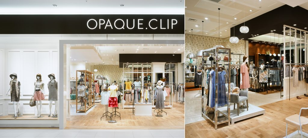 総合ファッションサービスグループ、ワールドグループのファッションストア「OPAQUE.CLIP（オペークドットクリップ）が展開する店舗、オペークドットクリップ イーアスつくば店の店舗デザイン、外観、VMD