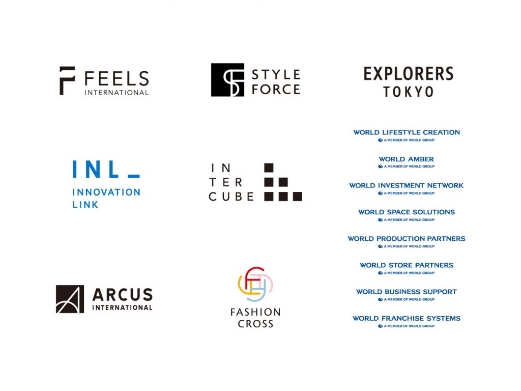 総合ファッションサービスグループ、ワールドグループのロゴ、タグラインなどのCI、グラフィックデザイン画像